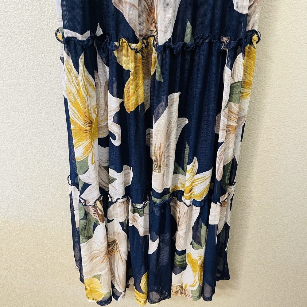 Kate & Lilly Floral Maxi Dress Mesh Long Sleeve Navy Yellow Tiered Ruffles Sz 4 - Picture 4 of 9